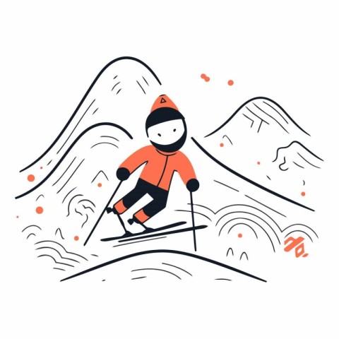 Skiing. Winter sports in doodle style.