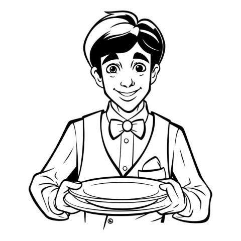 Illustration of a waiter holding a plate with a bow tie.