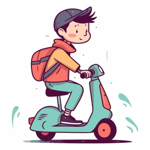 Boy riding a scooter in flat cartoon style.