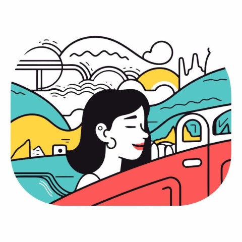 Vector line art illustration of a woman traveling by train on th