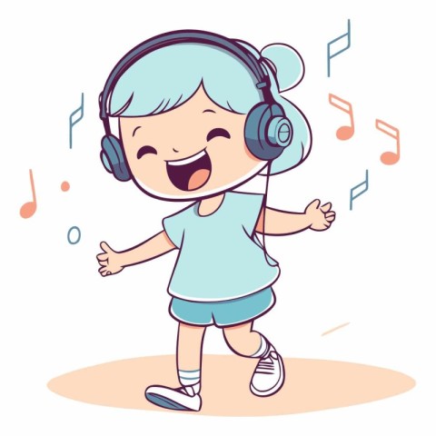 Cute little girl listening to music with headphones.