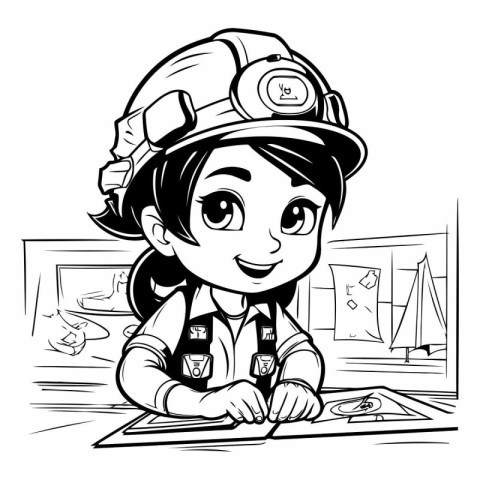 Black and White Cartoon Illustration of Girl firefighter or fire