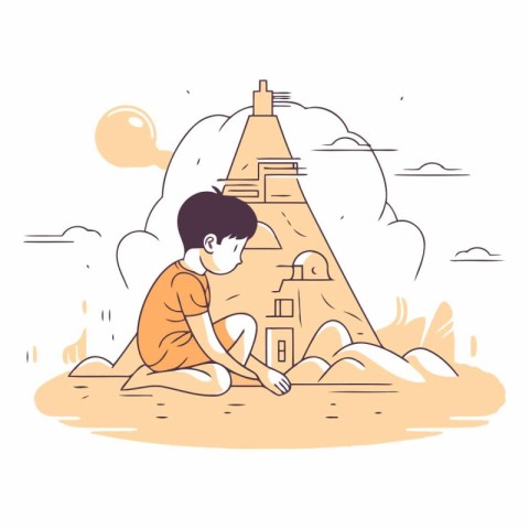 Little boy sitting on the sand in front of the pyramid. Flat sty