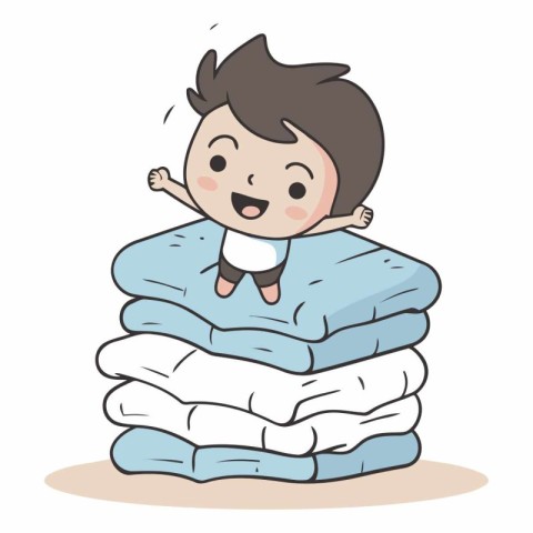 Boy sleeping on stack of clothes of cute cartoon character.