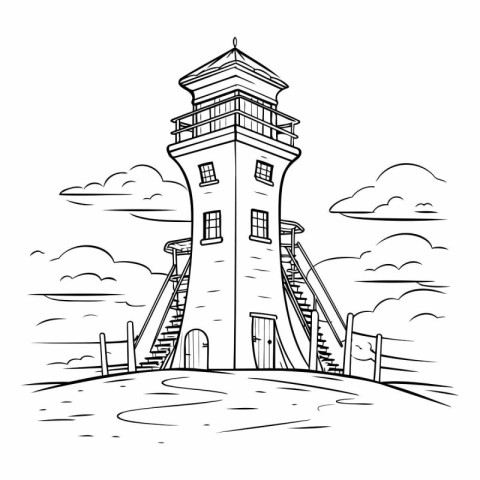 Lighthouse on the hill. Hand drawn vector illustration in sketch