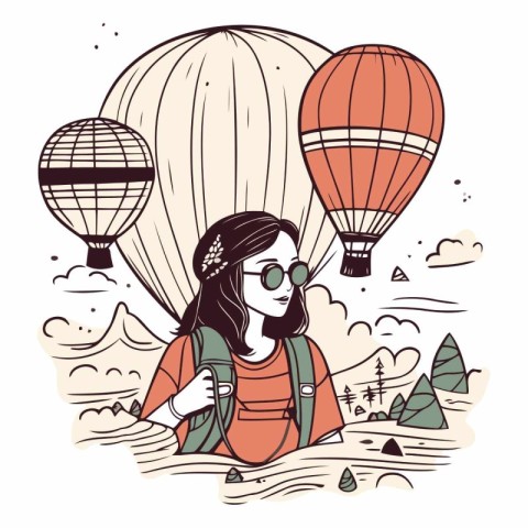 Young woman with a backpack and hot air balloon.