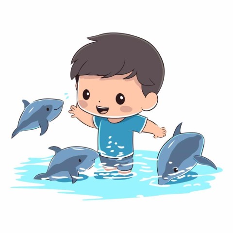 Cute little boy playing with dolphins in the water.