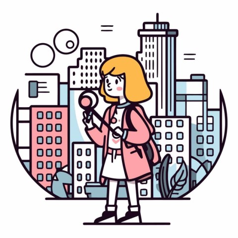 Vector illustration of a girl with a magnifying glass in the cit