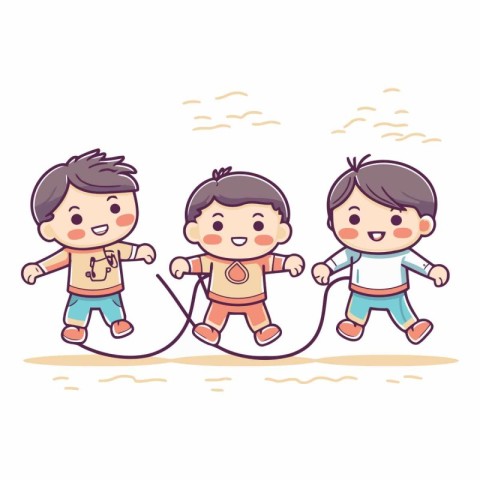 Cute kids playing jump rope cartoon vector illustration. Kids pl