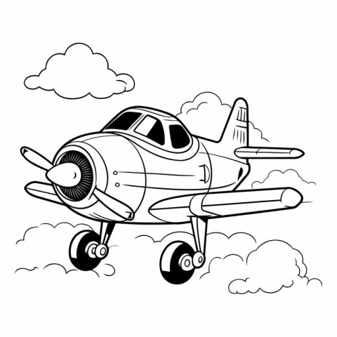 Retro airplane in the clouds. Cartoon vector illustration. Color