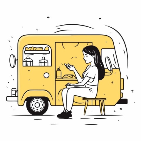 Illustration of a woman sitting in front of a food truck. orderi