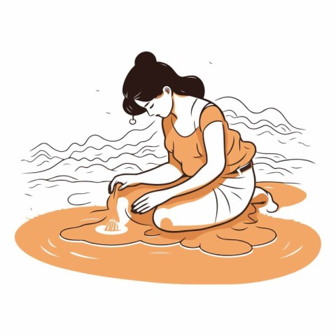 Vector illustration of a young woman sitting on the beach in a p