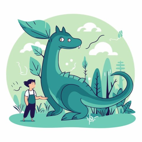 Cute little boy with a dinosaur in cartoon style.