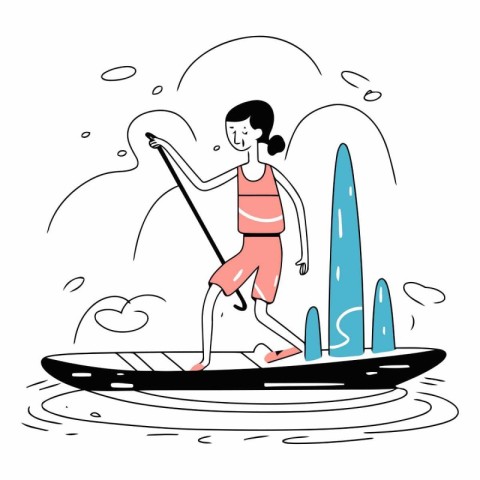 Woman on a stand-up paddle board in cartoon style.