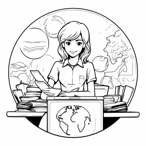 Girl with laptop and world map in the background vector illustra