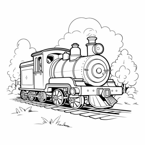 Vintage steam locomotive. Black and white vector illustration fo