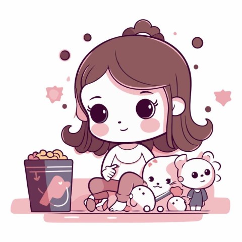 Cute little girl with many toys in cartoon style.