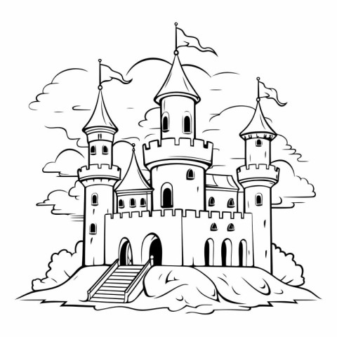 Fairytale castle on the hill. Black and white vector illustratio