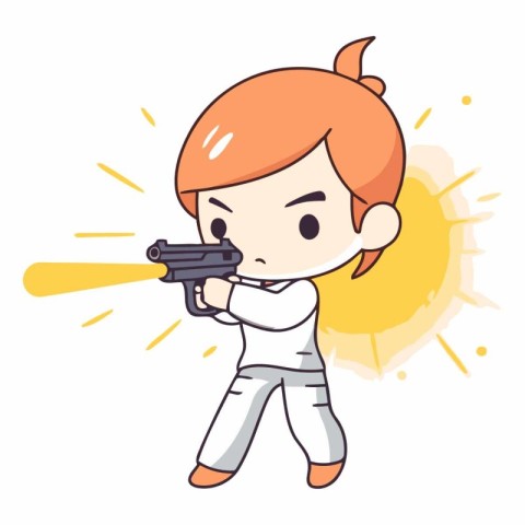 Cartoon girl aiming a gun on white background.