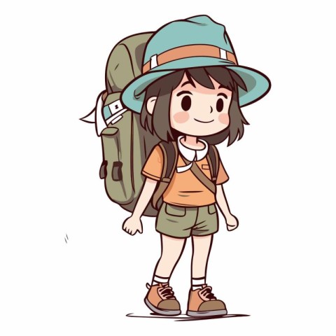 Illustration of a Kid Girl Hiking with Backpack and Hat