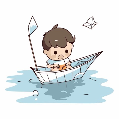 Boy riding a paper boat in the water on white background.