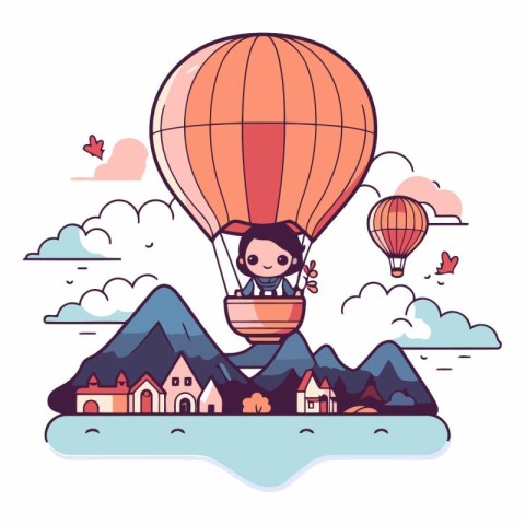 Cute little girl flying on hot air balloon in the sky.