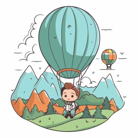 Boy flying on hot air balloon in the mountains.