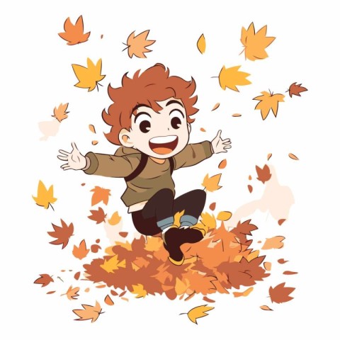 Illustration of a Cute Little Boy Jumping in the Autumn Leaves