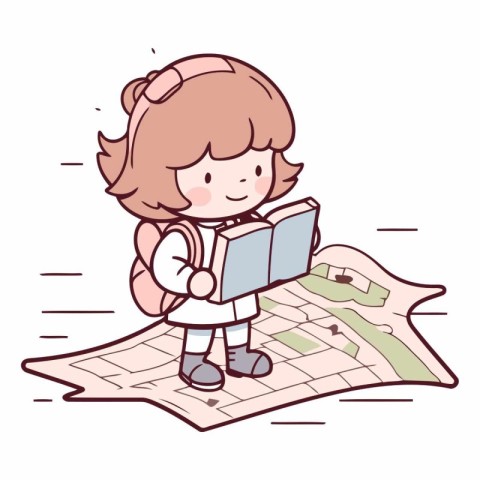 Cute little girl reading a book on the map.