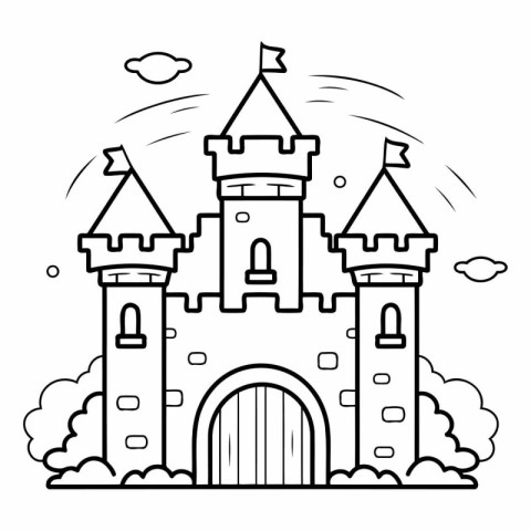 Black and white illustration of fairy tale castle. Outline vecto