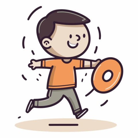 Funny boy running and holding donut. Colorful vector illustratio