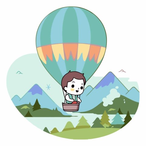 Cute boy flying on hot air balloon in the mountains.