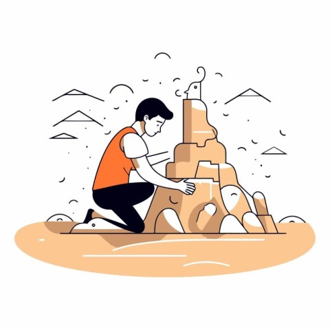 Vector illustration of man building sand castle. Flat line art d