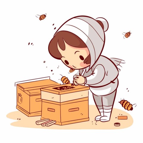 Illustration of a Kid Boy Playing with Beekeeping Equipment - Ve