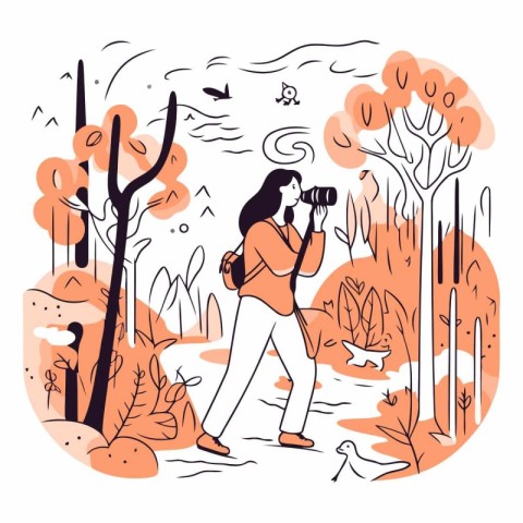 Vector hand drawn illustration of a female photographer taking p