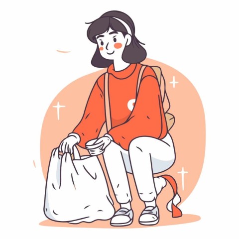 Vector illustration of a girl in a red jacket with a bag.