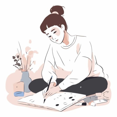 Illustration of a young woman painting with a pencil.