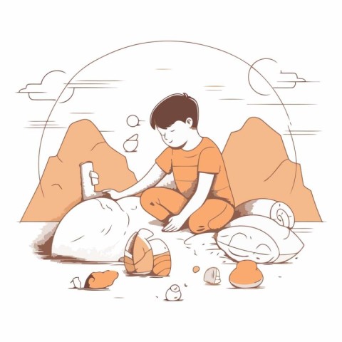 Boy in orange clothes playing with stones in the desert.