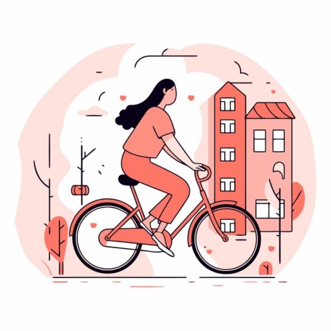 Young woman riding a bicycle in the city. Flat vector illustrati