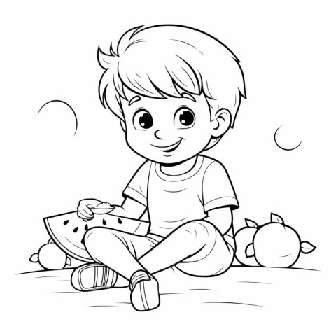 Coloring Page Outline Of Cute Little Boy with Watermelon