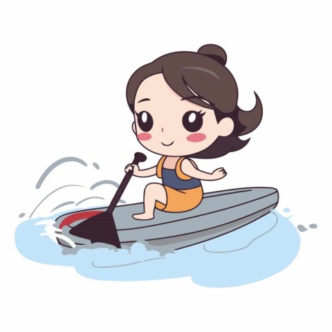 cute cartoon girl in a kayak on the waves