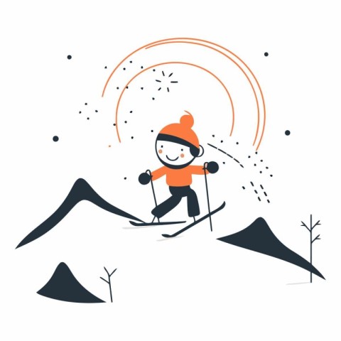 Vector illustration of a boy skiing in the mountains. Flat style