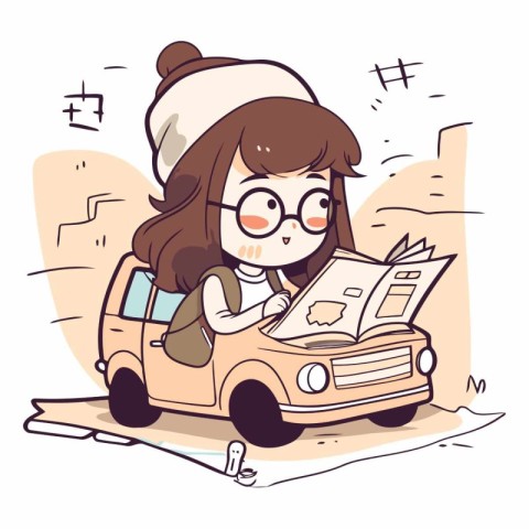 Illustration of a Girl Driving a Car and Reading a Newspaper.