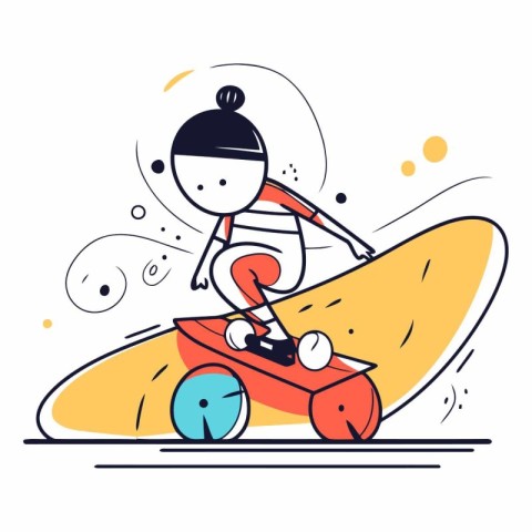 Vector illustration of a boy riding a surfboard on a sunny day.