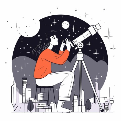 Vector illustration of a girl looking through a telescope in the