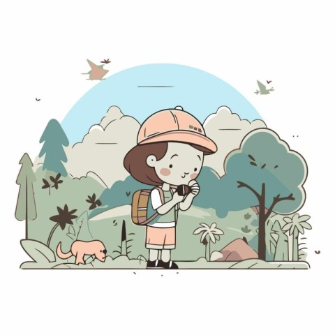 Vector illustration of a girl in the jungle with a backpack and