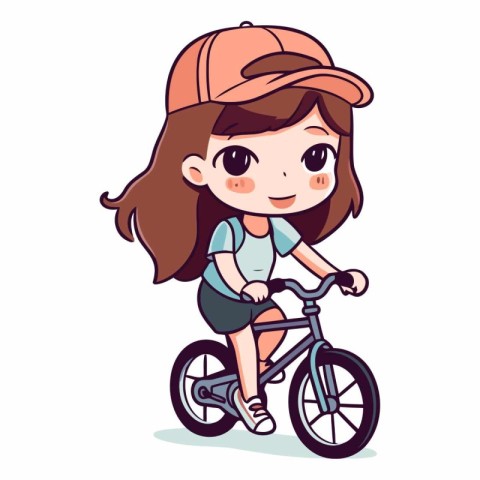 Cute little girl riding bicycle in cartoon style.