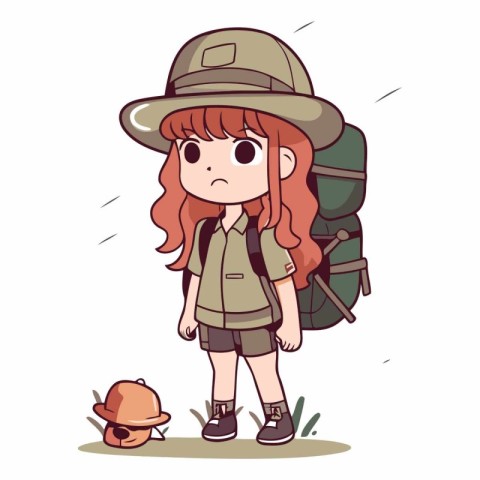 Illustration of a Little Girl Hiking with Backpack and Hat