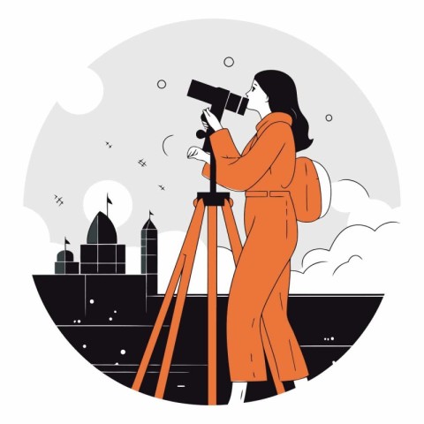 Vector illustration of a woman with a telescope on the backgroun