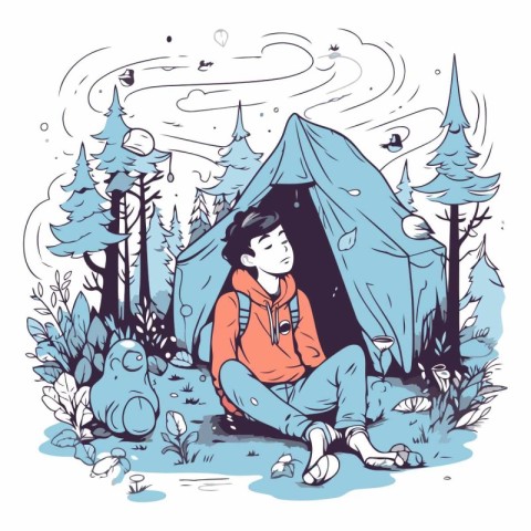 Vector illustration of a girl sitting in a tent in the forest.